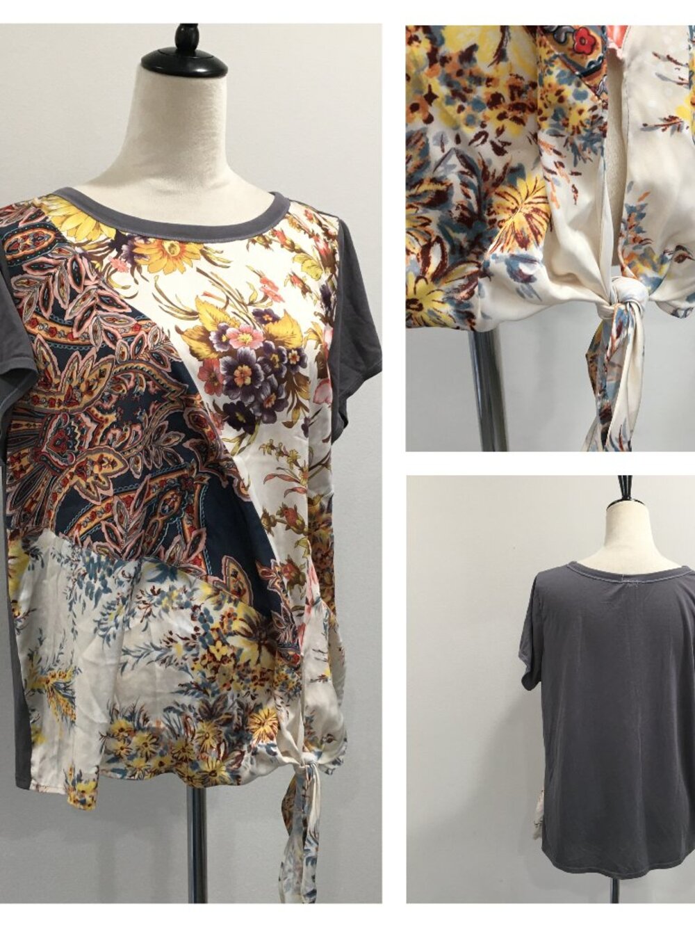 TINY Anthropologie Multi Colored Satin Print Knot Hem Gray Jersey Back Shirt Top